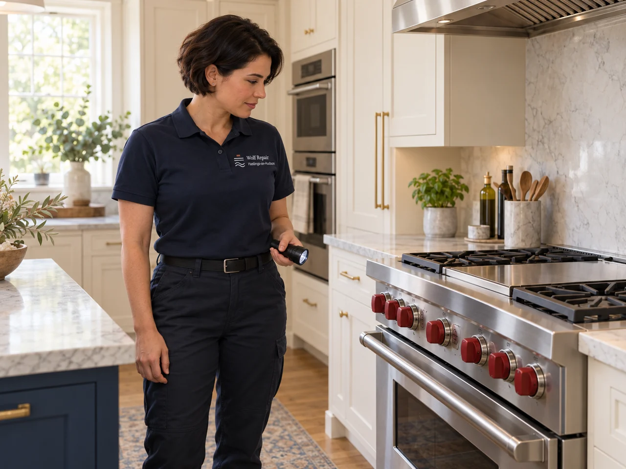 AI illustration of an appliance technician wearing Wolf Repair Hastings-on-Hudson branding