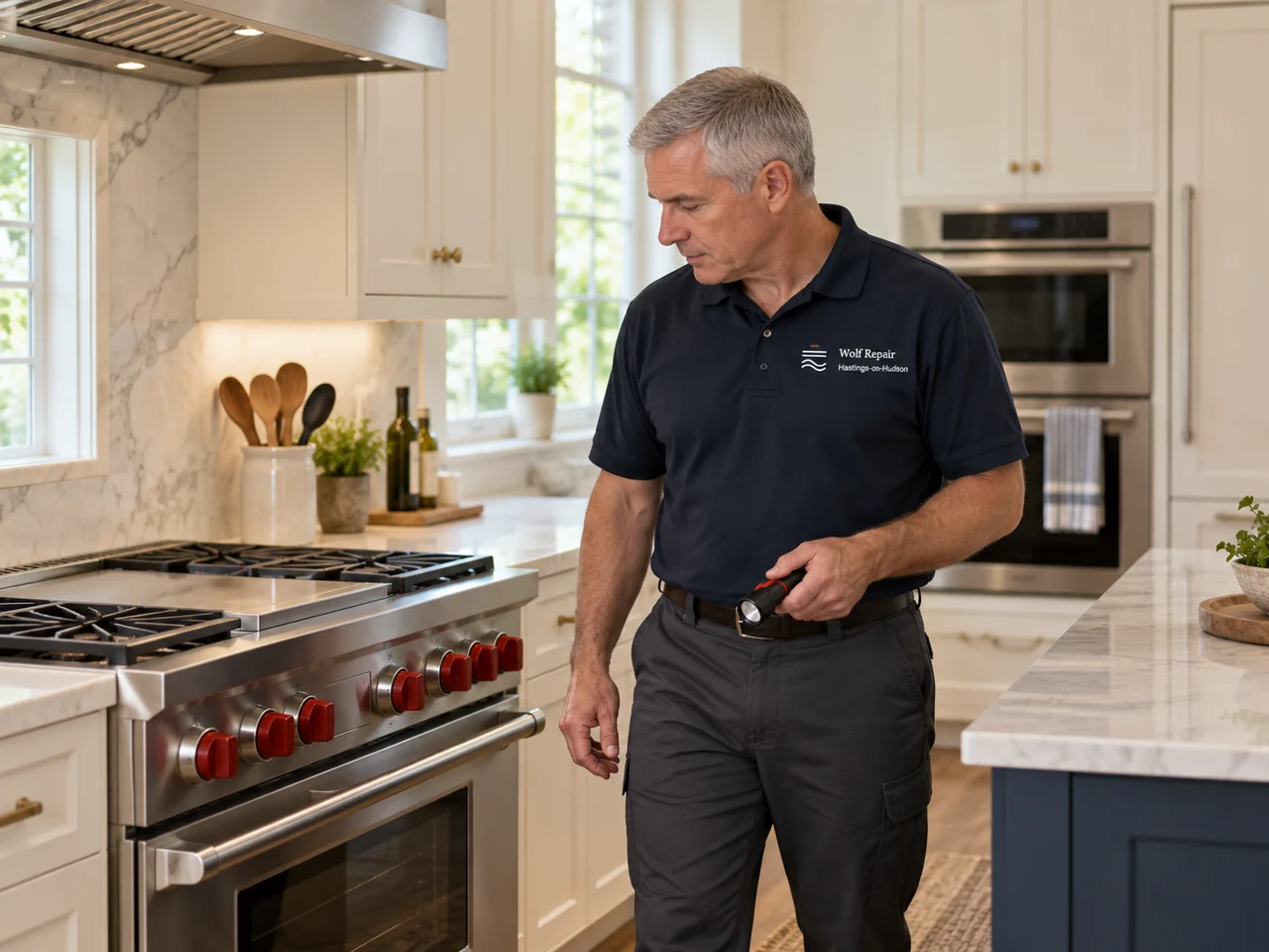 AI illustration of an appliance technician wearing Wolf Repair Hastings-on-Hudson branding