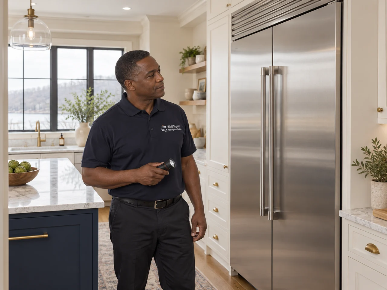 Illustration of a technician wearing the Wolf Repair Hastings-on-Hudson logo beside a Thermador refrigerator